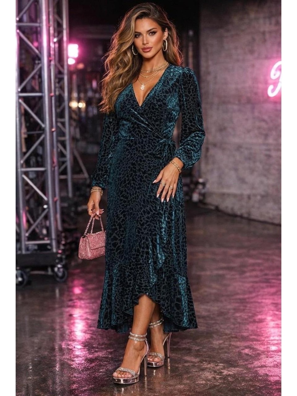 Calvin Klein Teal Velvet Leopard Wrap Midi Dress
